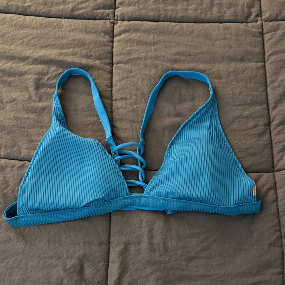 Ribbed Blue Triangle Swim Top with Strappy Back